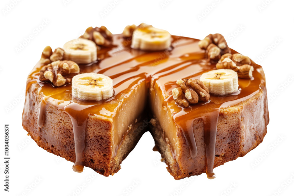 Poster Sliced banana cake topped with caramel drizzle and nuts ,Isolated on transparent background