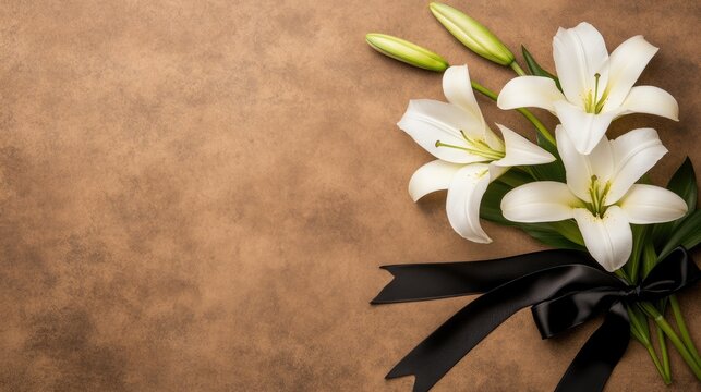 Graceful white lilies paired with a black ribbon lie on a dark gray backdrop, creating an elegant setting ideal for special messages or celebratory notes