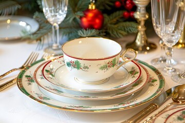 Fototapeta premium Elegant holiday table setting with festive dinnerware and ornaments.