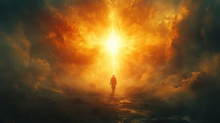 a man strides through a dark valley towards a radiant light symbolizing faith and trust in god the contrast evoking a powerful emotional journey