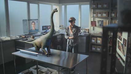 Advanced archaeological lab: 3D graphics of virtual display with AI assistant, animation of ancient...