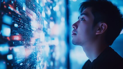 A Man Gazes at a Wall of Digital Information