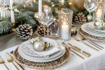 Elegant holiday table setting with pine cones and gold accents.