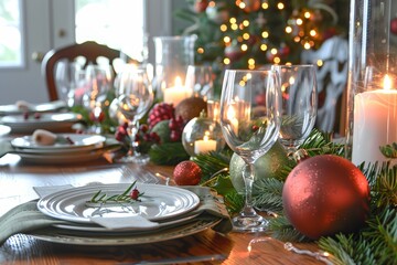 Naklejka premium Elegant holiday dining table with candles and festive decorations for christmas.