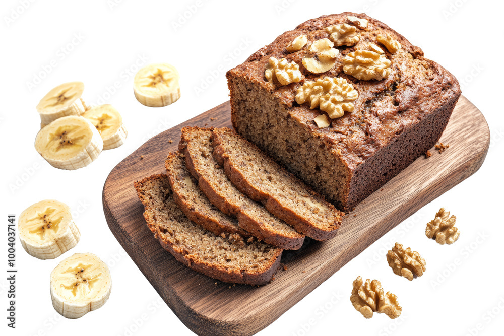 Poster sliced banana bread with walnuts ,isolated on transparent background