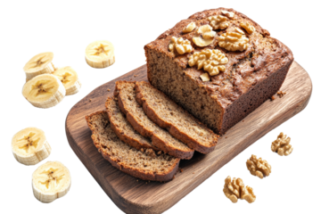 Sliced banana bread with walnuts ,Isolated on transparent background