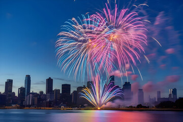 Colorful firework with bokeh background. New Year celebration Fireworks at Night