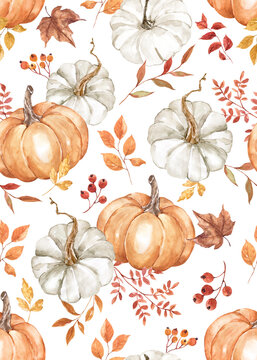 Autumn-themed seamless pattern features orange and white pumpkins and colorful foliage. Watercolor fall gourds illustration. Botanical designer paper.