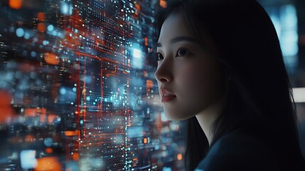 Woman Gazing Through a Window at a Blurred Cityscape with Digital Overlays