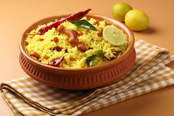 Lemon Rice or fodnicha bhat is South Indian turmeric rice or maharashtrian recipe using rice garnished with nuts curry leaves and lemon juice