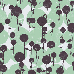 Obraz premium Floral seamless pattern with textured black flowers and green shapes. Vector background, print, design