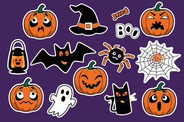 Halloween cool sticker set in black and orange with emotionally different pumpkin faces , a cat, a ghost, a bat, a spider, a web, a candy, a witch hat