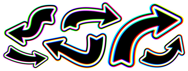 A set of bold hand-drawn black arrows with a striking glitch effect. The arrows are curved and angled in various directions