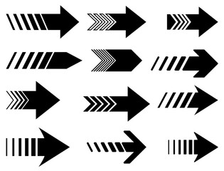 A collection of bold geometric arrow icons with a mix of striped and solid designs, perfect for modern digital navigation and visual direction. Vector illustration.
