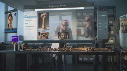 Advanced archaeological lab: Two archaeologists in VR headsets study fossil skeleton using augmented reality. 3D graphics of virtual display with AI assistant and browser with scientific information.