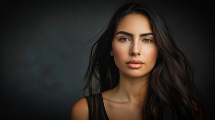 Fototapeta premium A beautiful young woman model against a dark background, with space for text