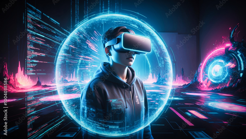 Poster a cyberpunk hacker in a virtual reality setting