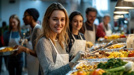 Obraz premium Grateful Hearts: Thanksgiving Volunteers Spreading Joy by Serving Food at a Community Center