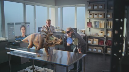 Advanced archaeological lab: VFX graphics of virtual display with AI assistant and 3D animation of ancient dinosaur. Archaeologists in VR headsets conduct scientific research using augmented reality.