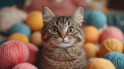 a playful feline surrounded by an explosion of colorful yarn balls its curious eyes sparkling with delight in a cozy sunlit room filled with soft cushions and whimsical decor