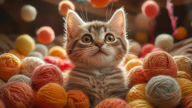 a playful feline surrounded by an explosion of colorful yarn balls its curious eyes sparkling with delight in a cozy sunlit room filled with soft cushions and whimsical decor