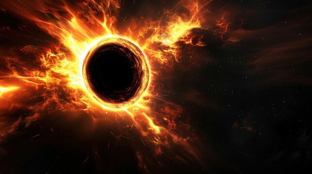 Cosmic scene with massive black hole at center, surrounded by swirling galaxies and distant stars, symbolizing the mysterious and powerful nature of black hole theory.