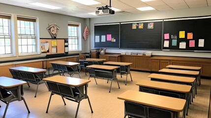 Quiet classroom with neatly organized desks and a chalkboard, leaving room for copy.