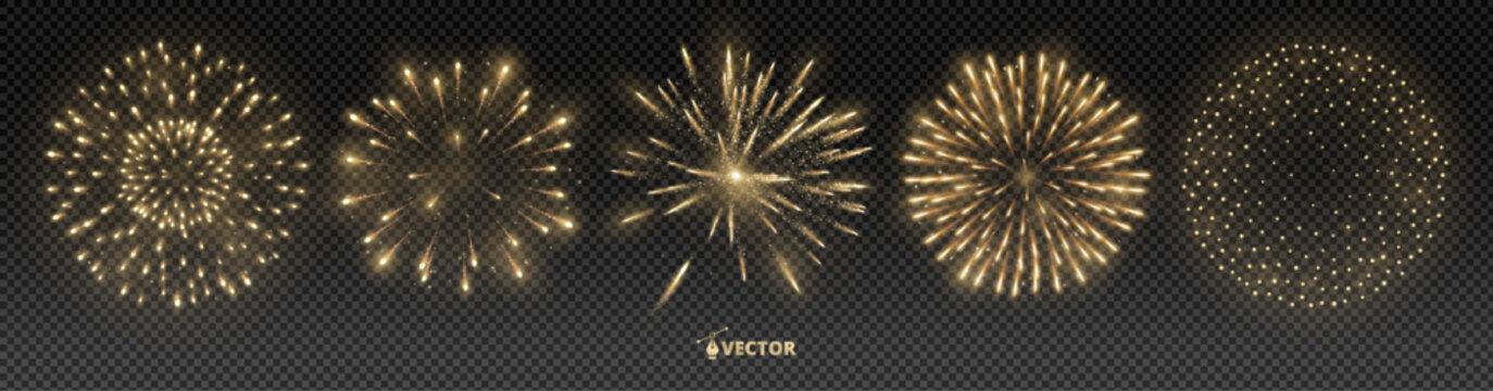 Shiny golden fireworks explosion isolated. Holiday decoration for Christmas and New year party. Festive elements for birthday invitations, wedding, diwali banners. Easy to change colours. Vector.