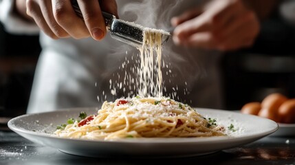 Chef Grating Parmesan Cheese Over Fresh Pasta