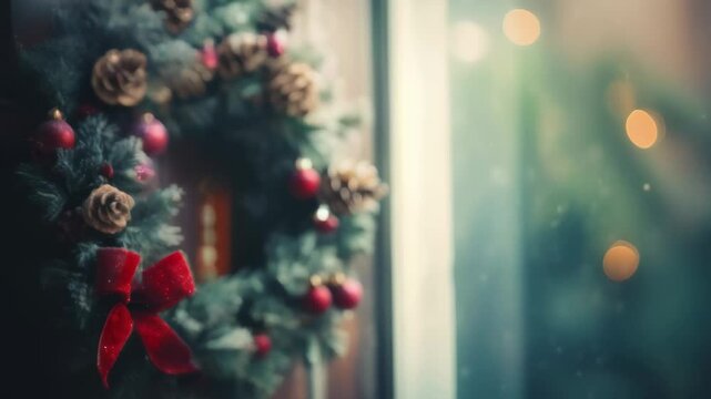 Decorated christmas wreath is hanging on a front door, welcoming guests arriving for a family celebration during the holiday season