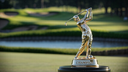 Golf championship trophy made from Gold with golf course Background