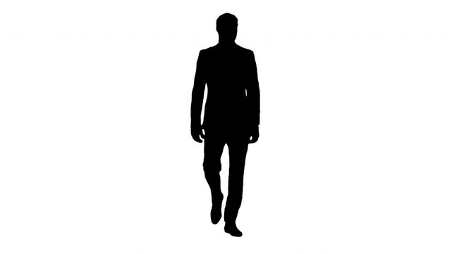 Black silhouette of business man walking on white background. Black and white for compositing and presentation. Alpha matte isolated.