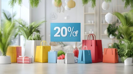 Floating Discount Sign with Shopping Icons