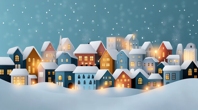 Charming winter village scene with snow covered rooftops and warmly lit windows.