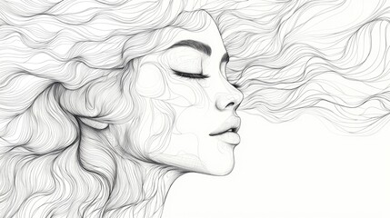 Fototapeta premium Serene Beauty - Minimalist Line Art of Woman's Face with Flowing Ocean Wave Hair