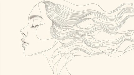 Naklejka premium Serene Beauty - Minimalist Line Art of Woman's Face with Flowing Ocean Wave Hair