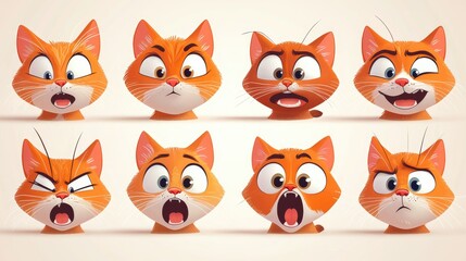 Cute Cartoon Cat Emotions Set: Expressive Feline Character Showing Joy, Anger, Surprise, Sadness, and More