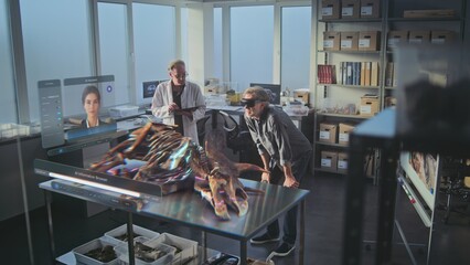 Advanced archaeological lab: Two archaeologists in VR headsets conduct historical research on ancient skeleton using augmented reality. 3D graphics of virtual display with AI assistant and web browser