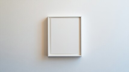 Close-up of a square frame on a minimalist white wall, with ample copy space surrounding the frame.