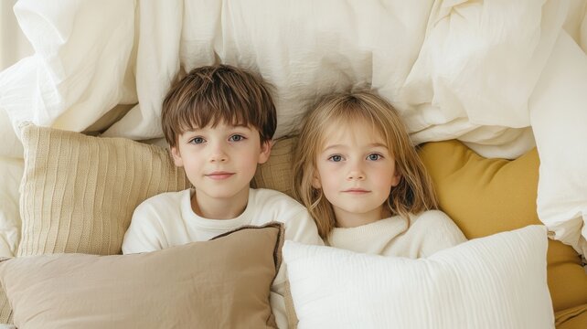 Two kids relaxing on a pile of pillows, cozy atmosphere, warm light.