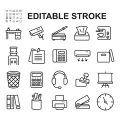 Collection of office equipment icons. Contains icons such as work desk, trash can, stationery.