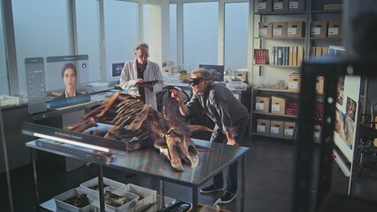 Advanced archaeological lab: VFX graphics of virtual display with AI assistant and 3D animation of...