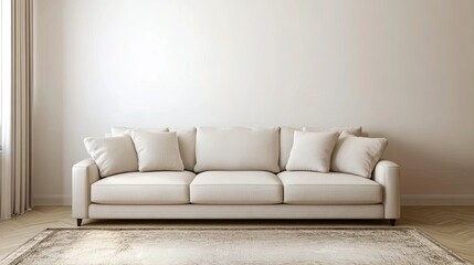 Living room interior with a light-colored sofa and rug, large copy space for text in the background.