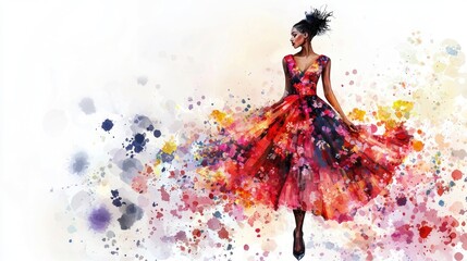 Fototapeta premium Whimsical Fashion Illustration of Avant-Garde Model in Floral Dress with Exaggerated Proportions and Watercolor Texture