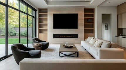 Fototapeta premium Living room with a fireplace, neutral colors, and empty space on the wall for custom design.