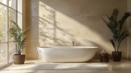 Fototapeta premium Minimalist bathroom with neutral colors and clean lines, leaving space for copy on the wall.