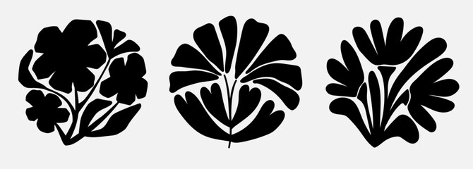 Set of groovy black flower plant. Circle botanical shape in modern style. Curvy psychedelic summer floral shadow decoration.