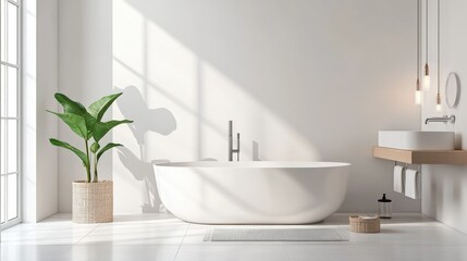 Fototapeta premium Minimalist bathroom with neutral colors and sleek fixtures, leaving ample space for text
