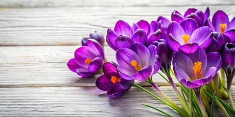 Wide-angle purple crocuses on white wooden background