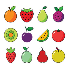Set of colorful cartoon fruit vector icons with bold outlines and bright colors for food designs.
Playful fruit vector icon set in cartoon style featuring strawberry, apple, kiwi, and more.